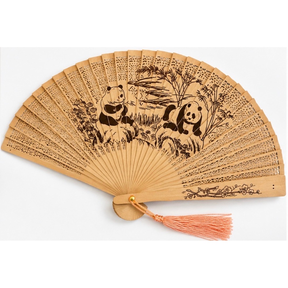 Vintage Sandalwood Folding Fan Panda Bamboo Carved Wood Hand Fan with Box 9in